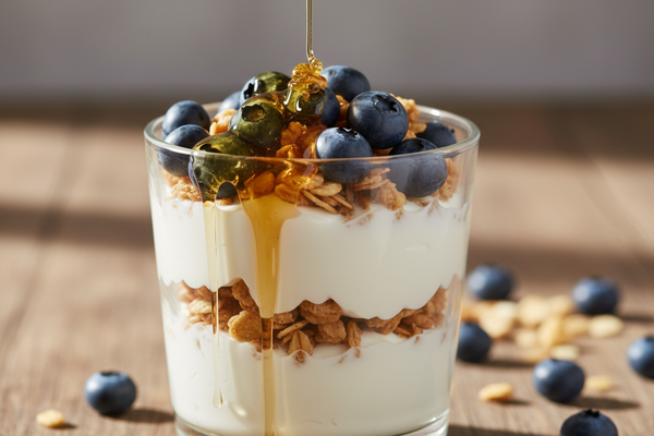 a yogurt parfait with blueberries and granola and honey